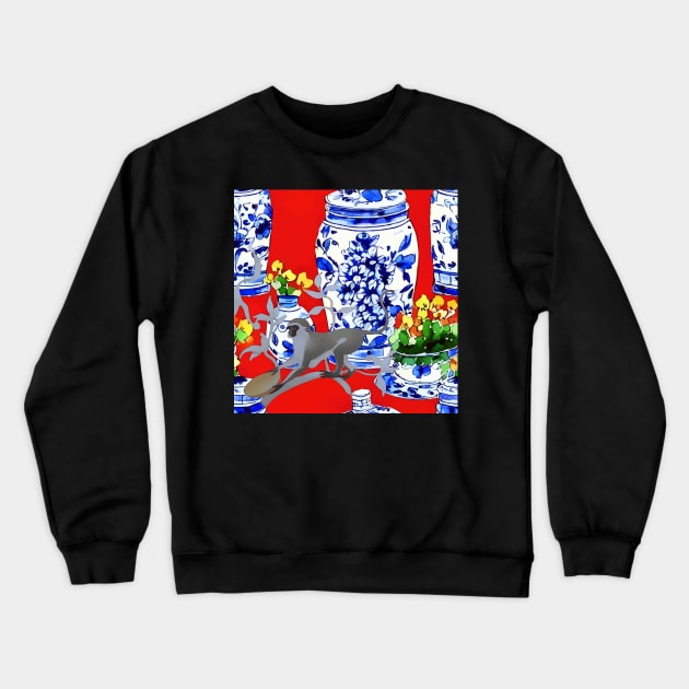 Monkey and chinoiserie jars on red Crewneck Sweatshirt by SophieClimaArt